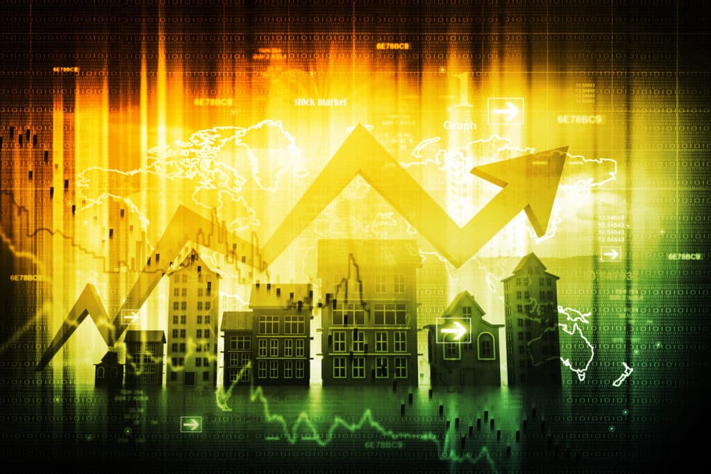 image depicting construction inflation with zig zag arrow heading up with city buildings in the background