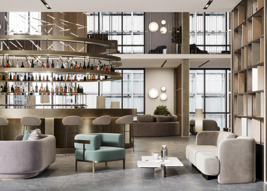 3d rendering of a hotel with lobby bar and restaurant