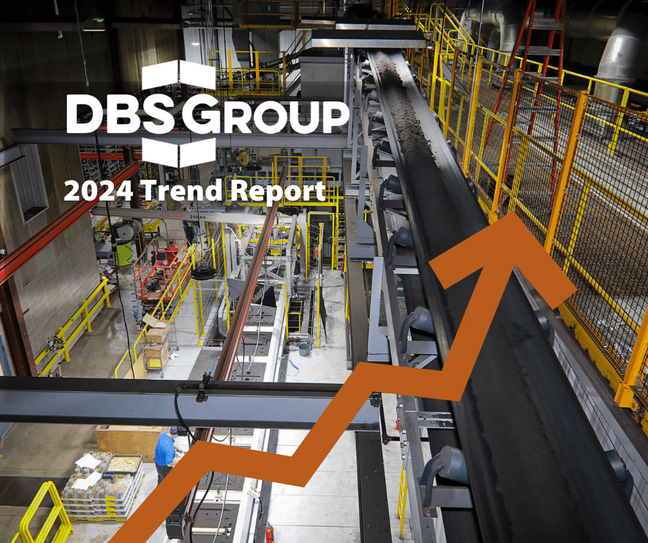 Image shows DBS Group 2024 Trend Report in upper left corner and upward trending line with a background photo of interior manufacturing facility