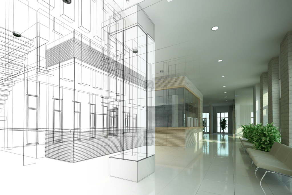 Building lobby transitions left to right from line drawing to finished photograph to depict the concept of design-build minimizing risk.