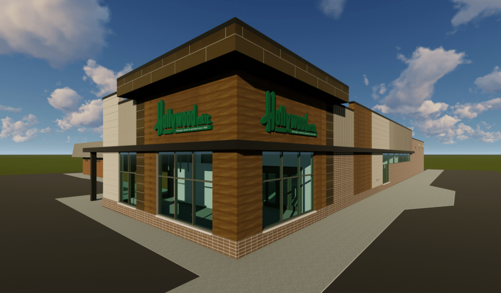 Rendering of Hollywood Market in Royal Oak, MI showing new exterior facade.