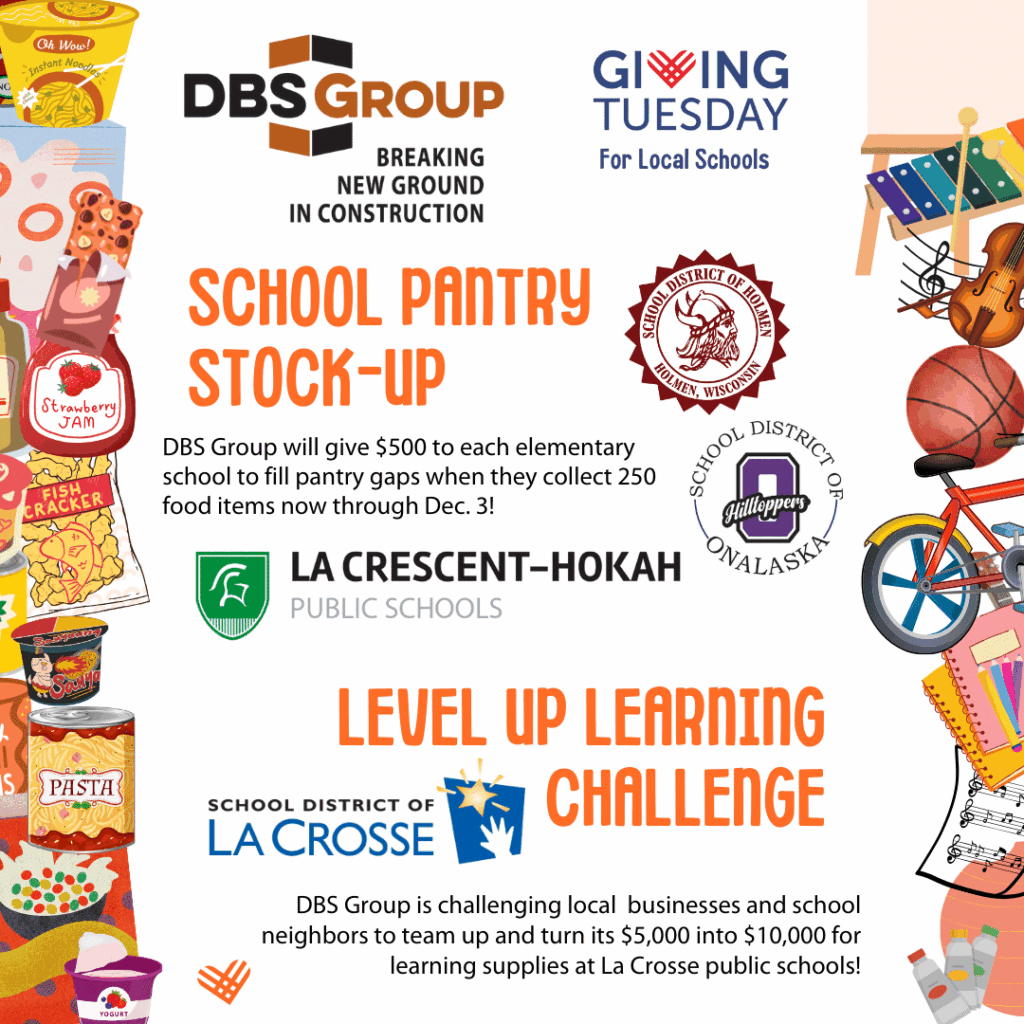DBS Group's Giving Tuesday graphic with names and brief explanations of two school initiatives and logos from participating districts.