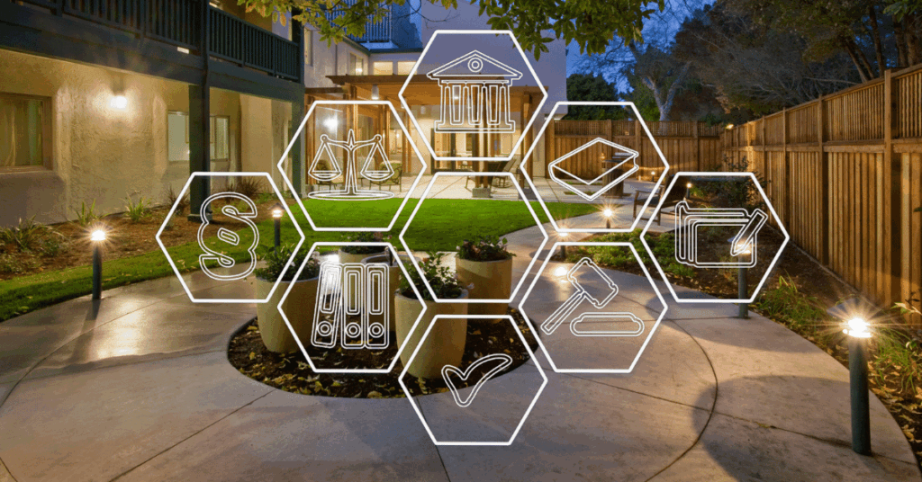 Senior housing changing regulations is represented by regulatory icons superimposed over outside courtyard of memory care facility.