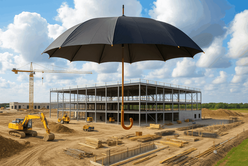 a giant umbrella protects a commercial building under construction