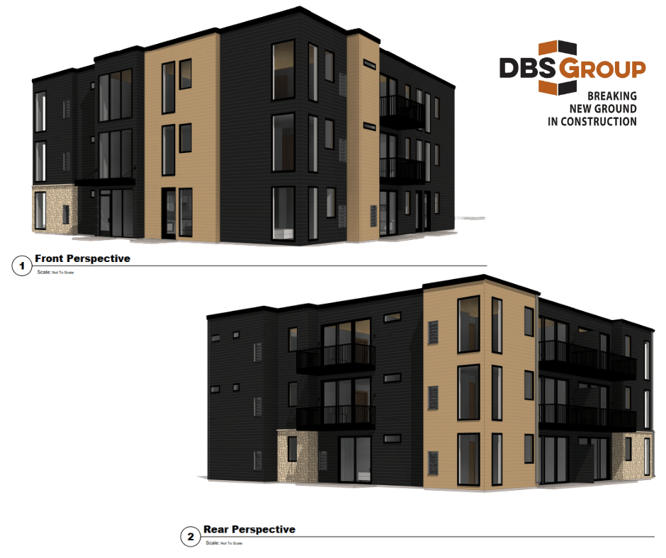 Renderings showing front and rear views of the Overland Reserve project