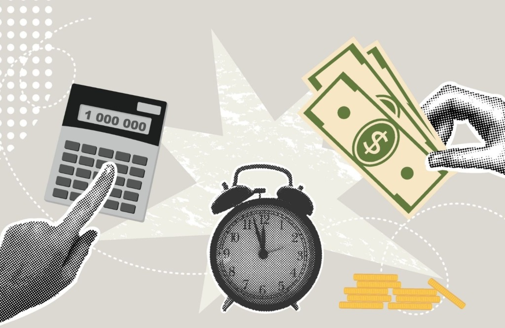 calculator, clock and money