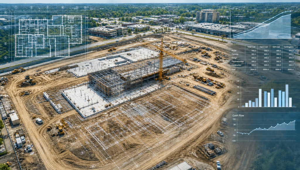 commercial construction site with blueprints and financial charts overlay