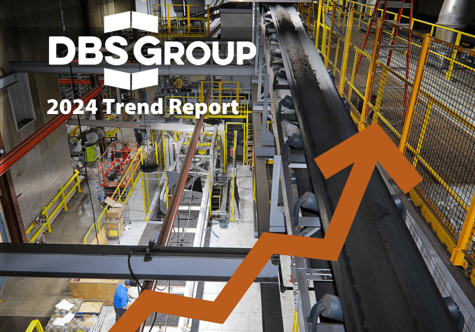 Image shows DBS Group 2024 Trend Report in upper left corner and upward trending line with a background photo of interior manufacturing facility