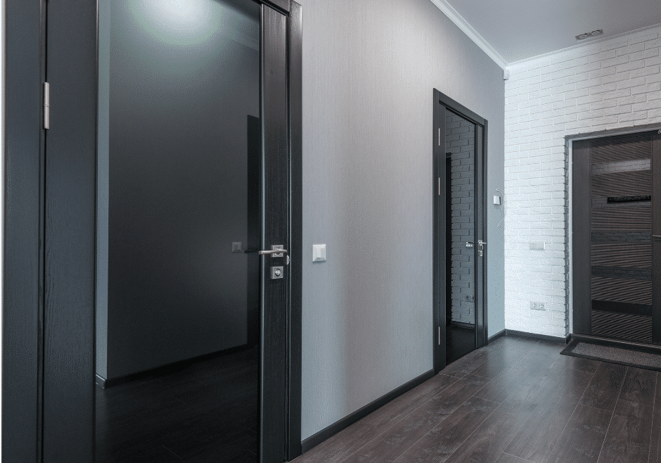 Multifamily housing hallway with wide-entry doors