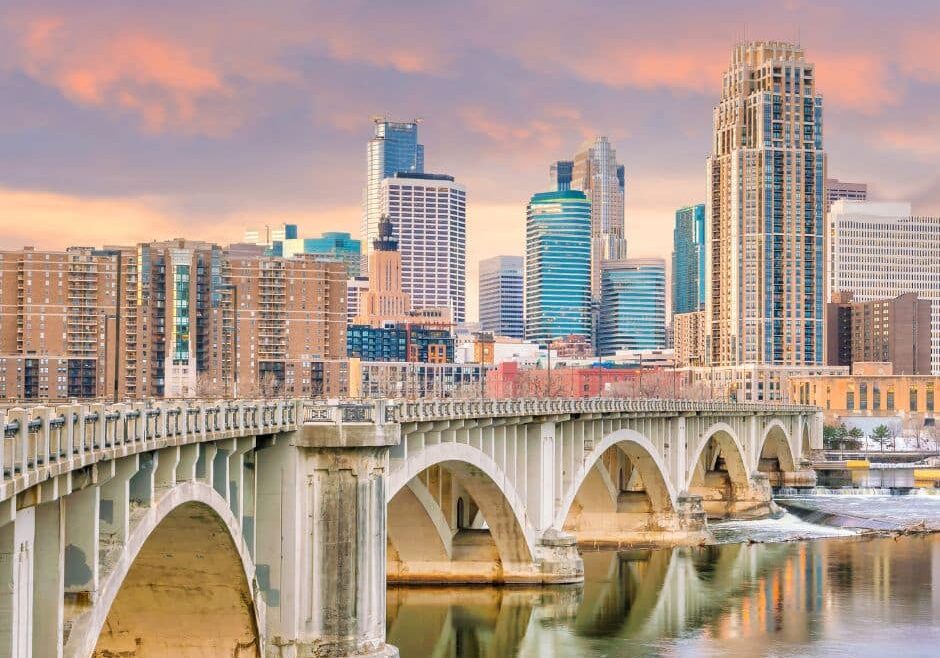 view of downtown Minneapolis -- one of the country's top rental markets -- at sunset