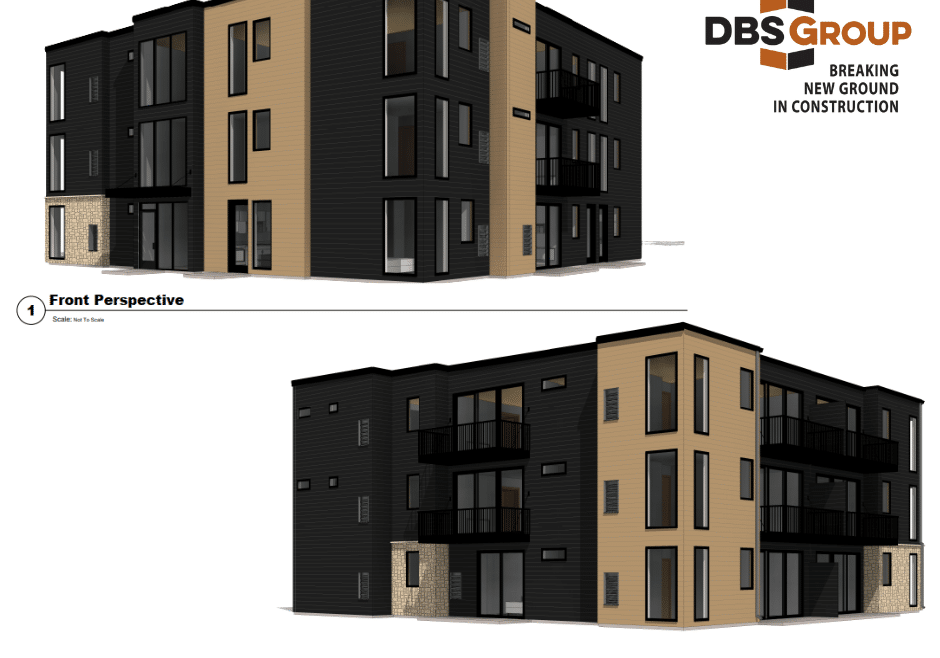 Renderings showing front and rear views of the Overland Reserve project