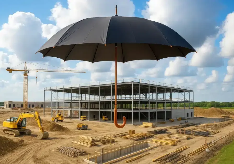 a giant umbrella protects a commercial building under construction