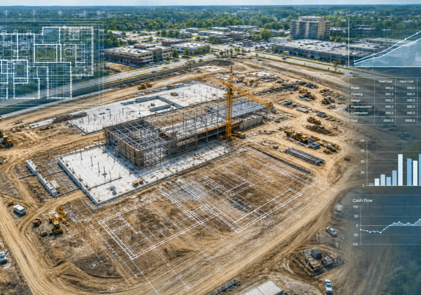 commercial construction site with blueprints and financial charts overlay