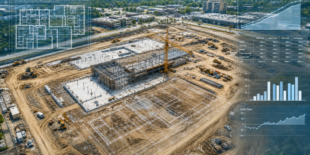 commercial construction site with blueprints and financial charts overlay