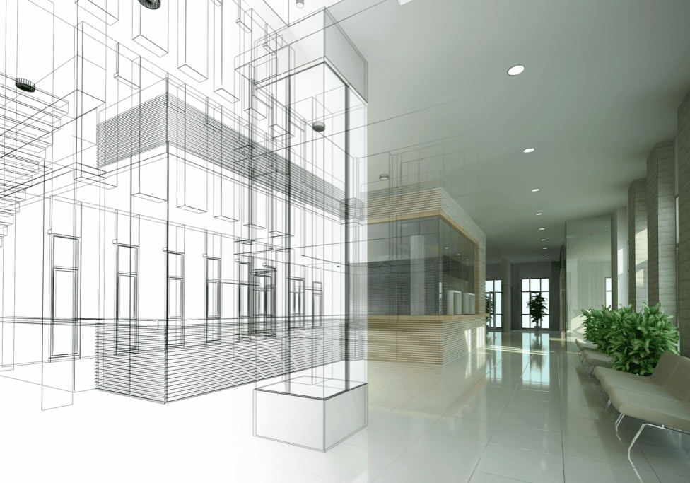 Building lobby transitions left to right from line drawing to finished photograph to depict the concept of design-build minimizing risk.