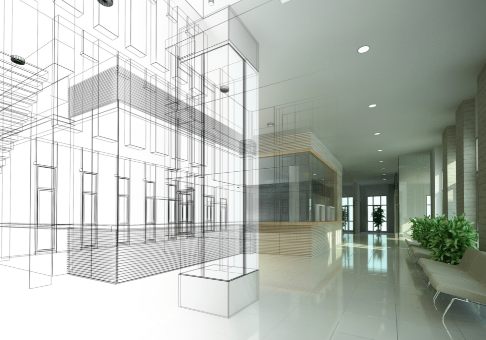 Building lobby transitions left to right from line drawing to finished photograph to depict the concept of design-build minimizing risk.