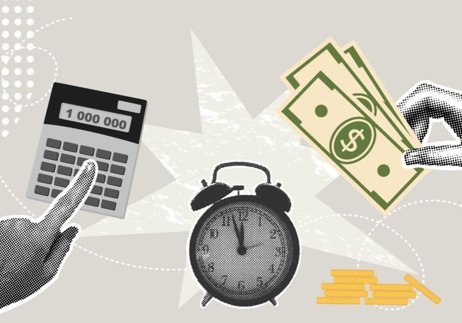 calculator, clock and money