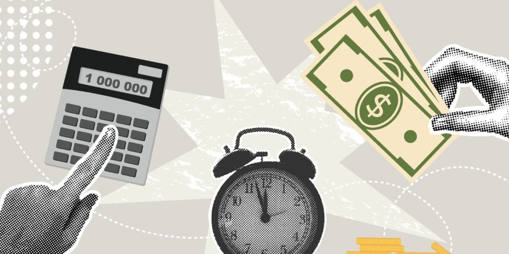 calculator, clock and money