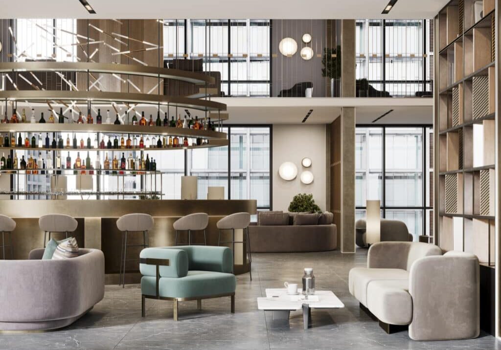 hotel lobby with bar shows hospitality trends to expect in 2024