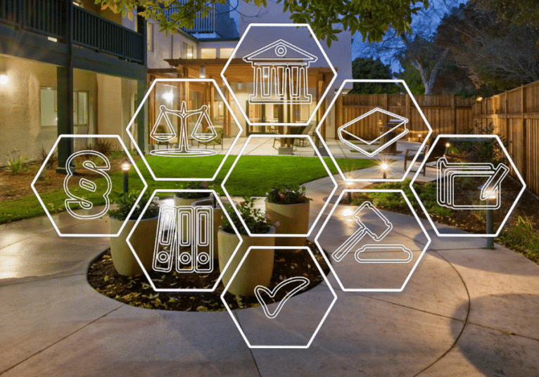 Senior housing changing regulations is represented by regulatory icons superimposed over outside courtyard of memory care facility.